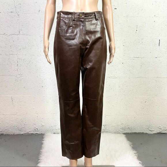 Finity Brown Butter Soft Leather Straight Leg High Rise Pants 6 - Picture 3 of 10